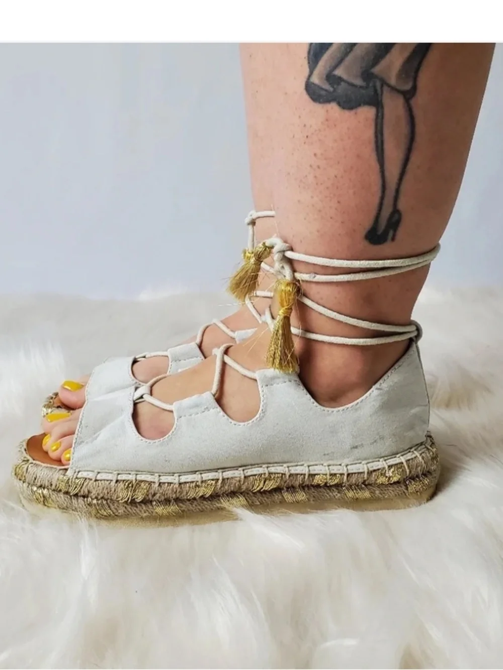 American Eagle White Lace-Up Espadrille Sandals with Gold Tassels - Women